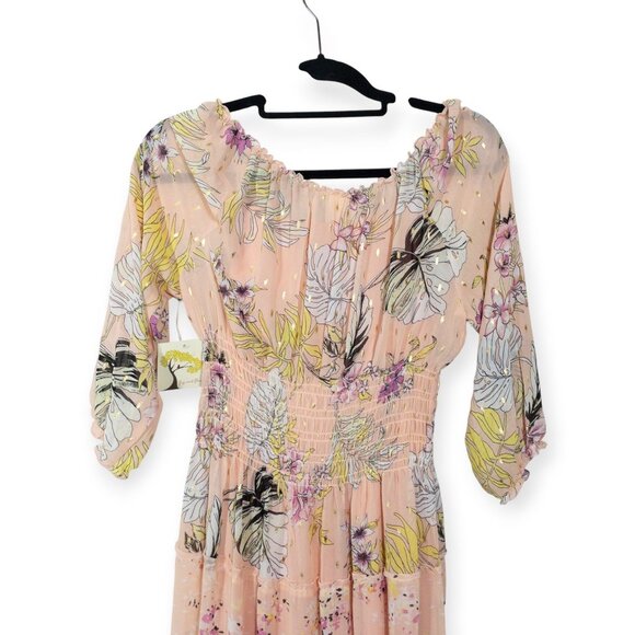 Floral Boho Maxi Dress By Fig & Flower  Smocked Waist Button-Down Puff Sleeves - Picture 4 of 11